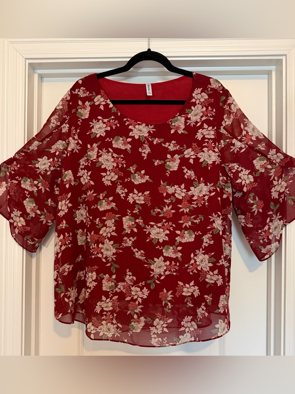 Floral Red Scoop Neck Chiffon Blouse 3/4 sleeve